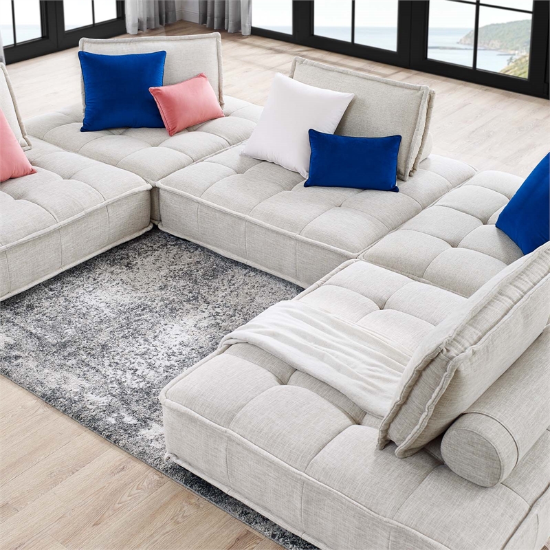 Modway Saunter 5-Piece Modern Tufted Fabric Sectional Sofa in Beige