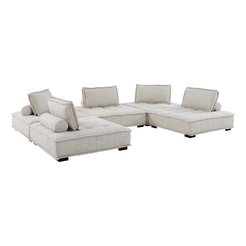 Modway Saunter 5-Piece Modern Tufted Fabric Sectional Sofa in Beige