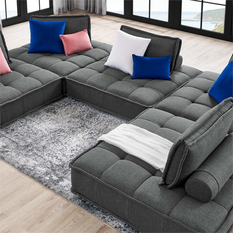 Modway Saunter 5-Piece Modern Tufted Fabric Sectional Sofa in Gray
