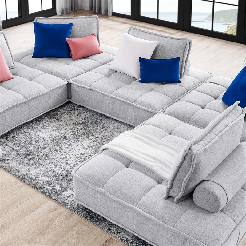 Modway Saunter 5-Piece Modern Tufted Fabric Sectional Sofa in Light Gray