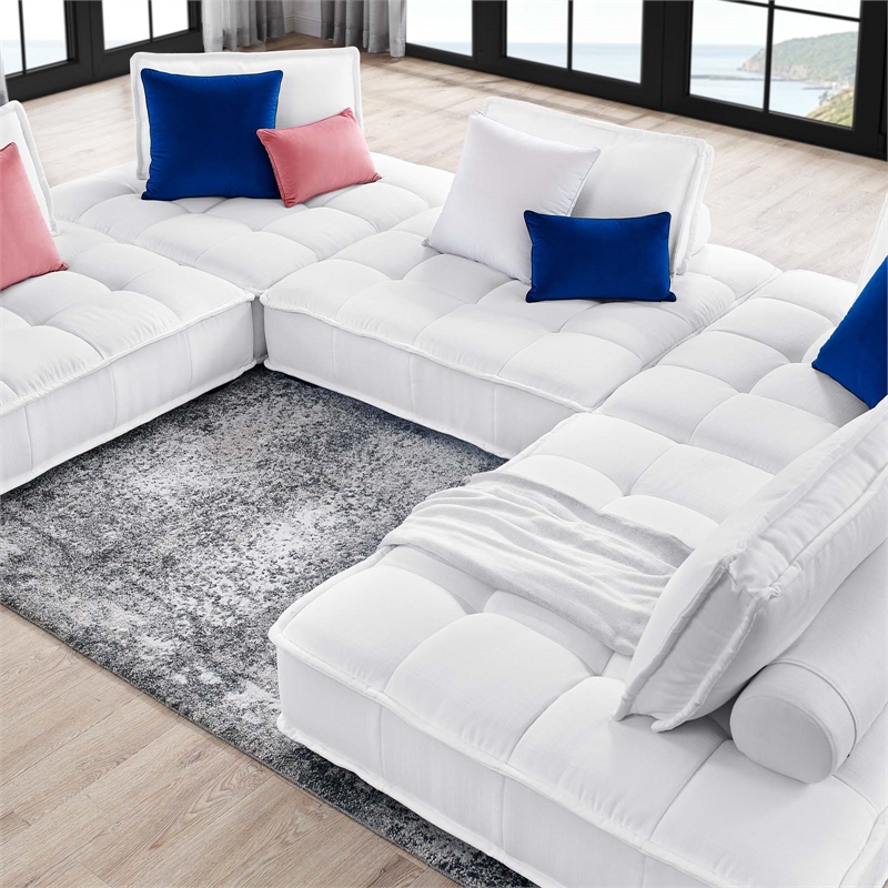 Modway Saunter 5-Piece Modern Tufted Fabric Sectional Sofa in White