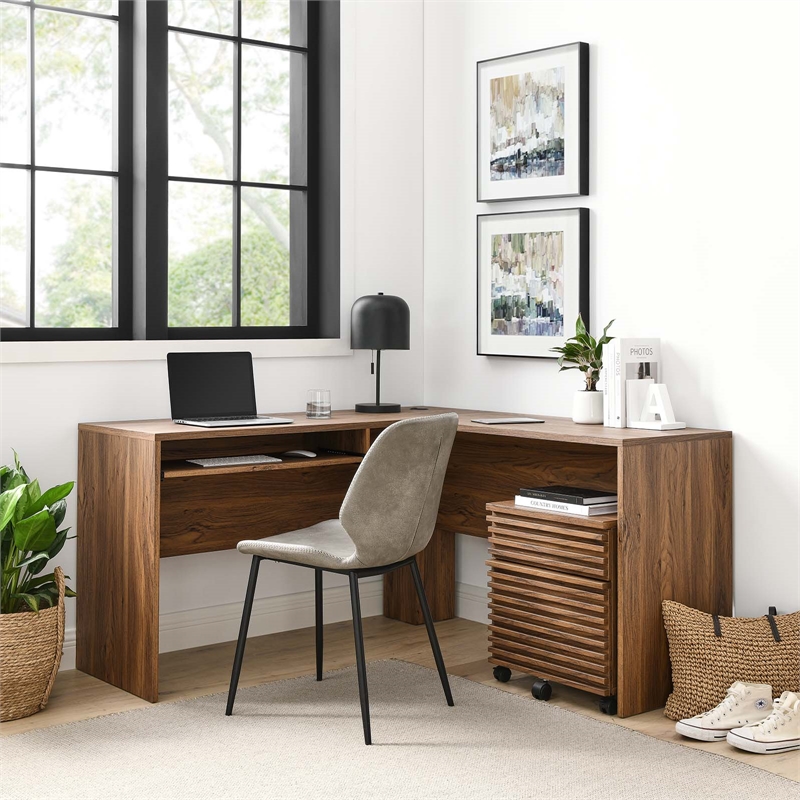modway render particleboard mdf wood desk and file cabinet set in walnut