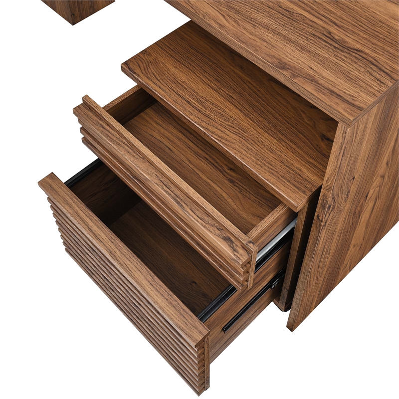 modway render particleboard mdf wood desk and file cabinet set in walnut