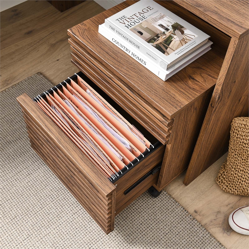 modway render particleboard mdf wood desk and file cabinet set in walnut