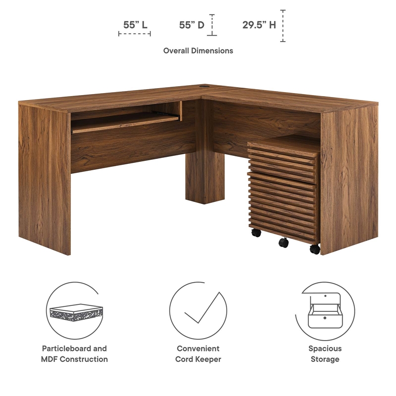 modway render particleboard mdf wood desk and file cabinet set in walnut
