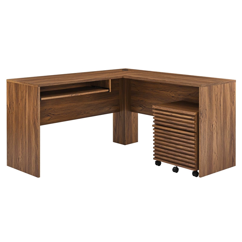 modway render particleboard mdf wood desk and file cabinet set in walnut