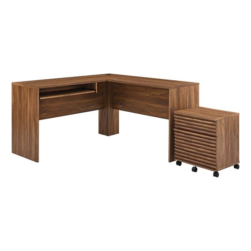 Modway Render Particleboard MDF Wood Desk and File Cabinet Set in Walnut