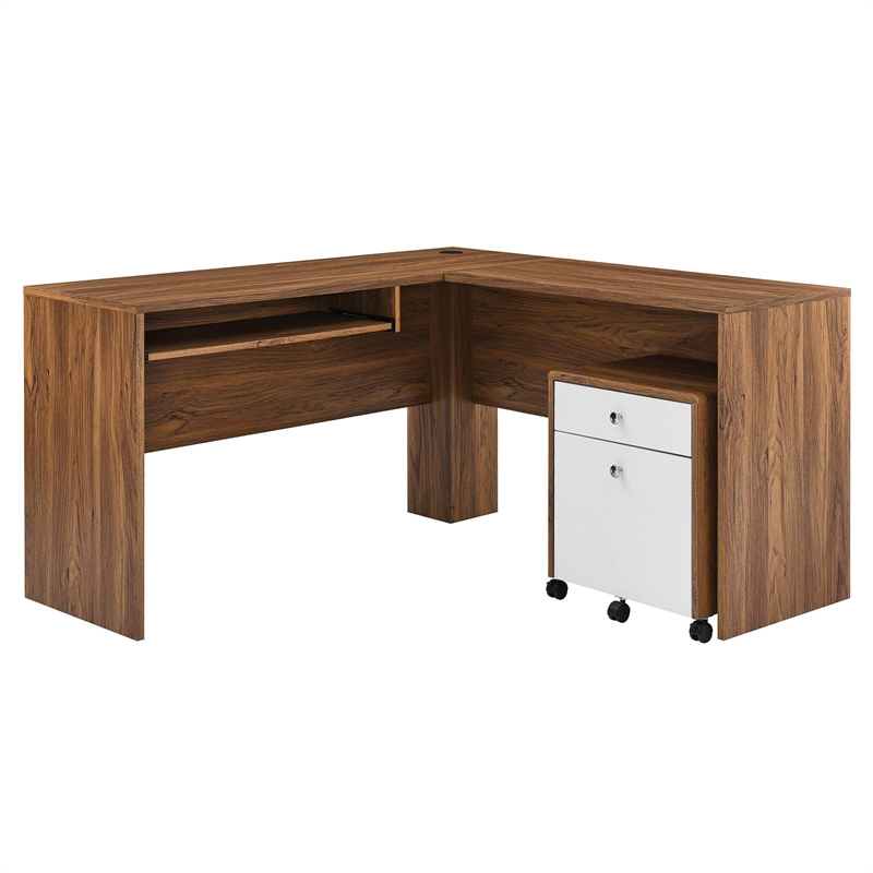 Modway Transmit Particleboard MDF Wood Desk and File Cabinet Set in Walnut/White