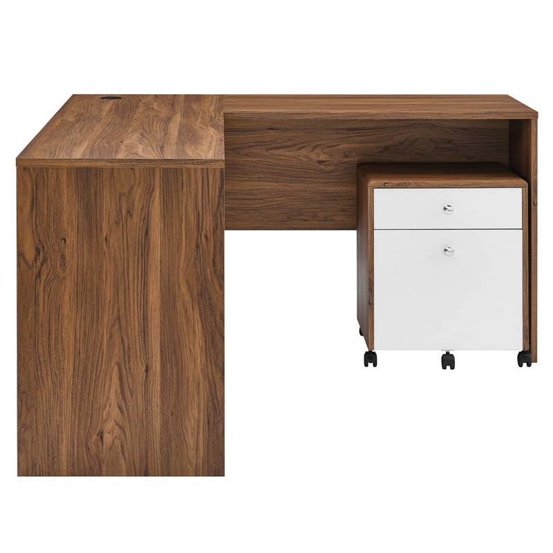 Modway Transmit Particleboard MDF Wood Desk and File Cabinet Set in Walnut/White