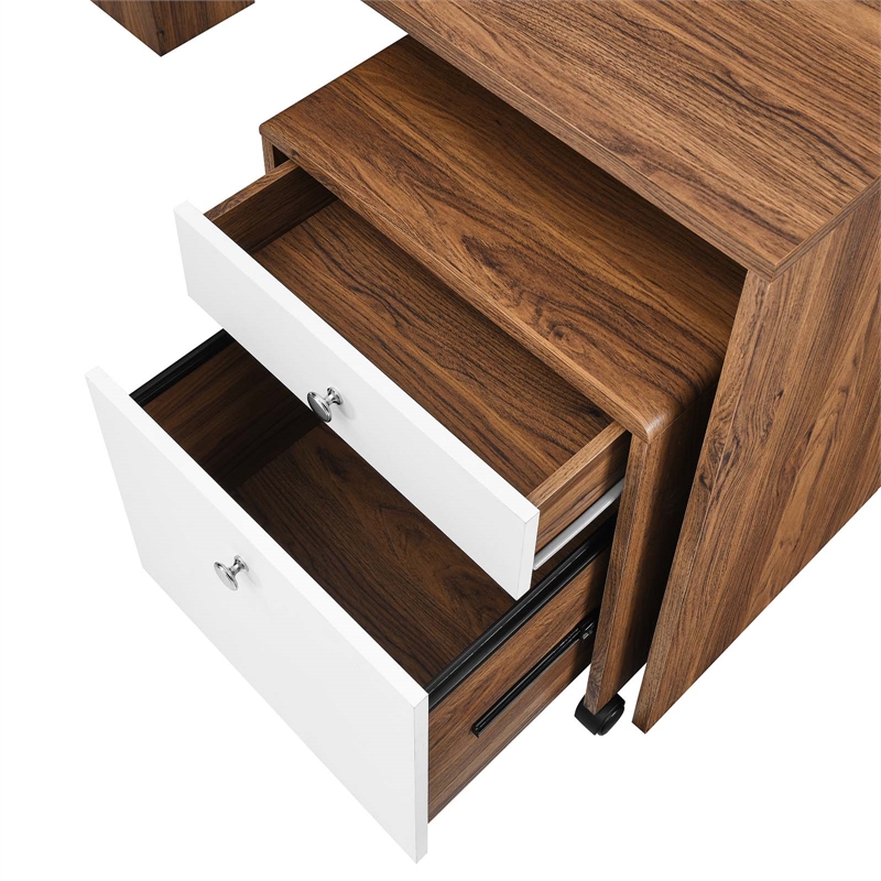 Modway Transmit Particleboard MDF Wood Desk and File Cabinet Set in Walnut/White