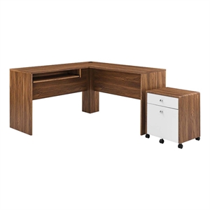 modway transmit wood desk & file cabinet set with casters in walnut/white