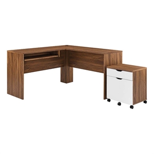 modway envision wood desk & file cabinet set in walnut/white