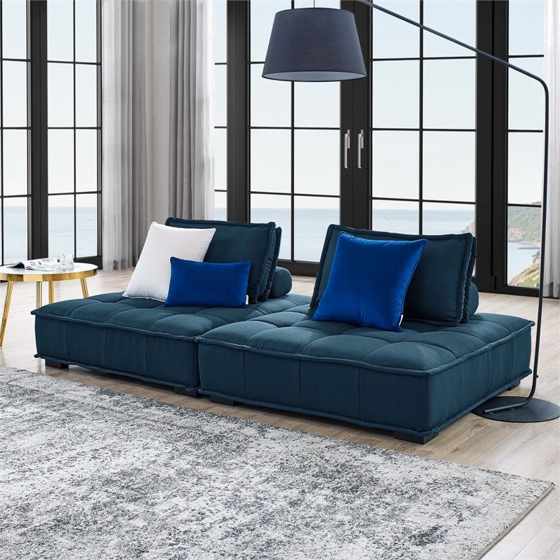 Modway Saunter 2-Piece Modern Tufted Fabric Loveseat in Azure Blue