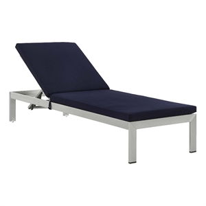 modway shore modern aluminum & fabric outdoor patio chaise in silver/navy