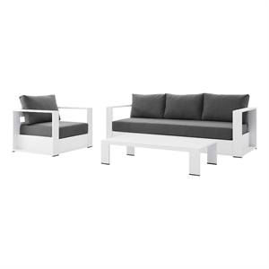 modway tahoe 3-piece fabric & aluminum outdoor patio sofa set in white/charcoal