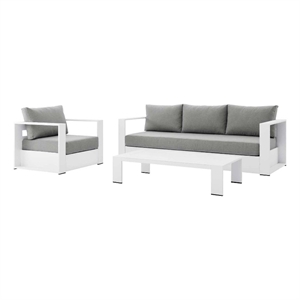 modway tahoe 3-piece fabric & aluminum outdoor patio sofa set in white/gray