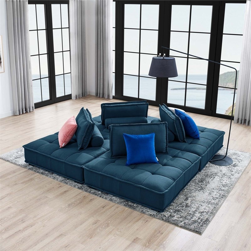 Modway Saunter 4-Piece Modern Tufted Fabric Sectional Sofa in Azure Blue