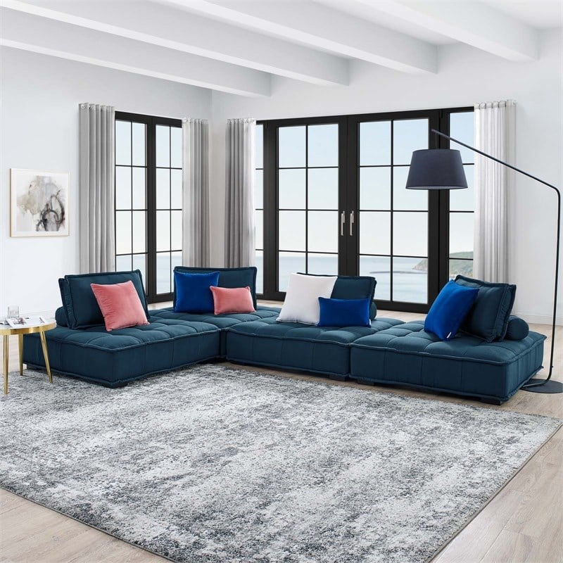 Modway Saunter 4-Piece Modern Tufted Fabric Sectional Sofa in Azure Blue