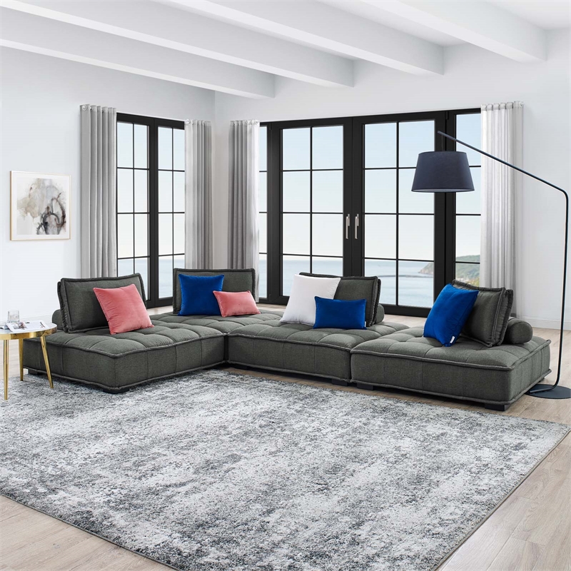 Modway Saunter 4-Piece Modern Tufted Fabric Sectional Sofa in Gray