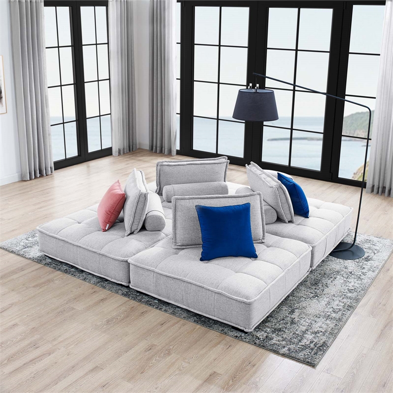 Modway Saunter 4-Piece Modern Tufted Fabric Sectional Sofa in Light Gray