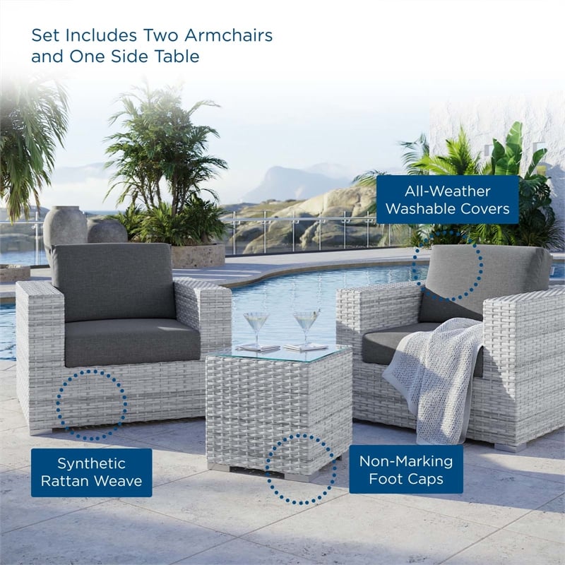 Modway Convene 3-Piece Modern Fabric/Rattan Outdoor Set in Light Gray/Charcoal