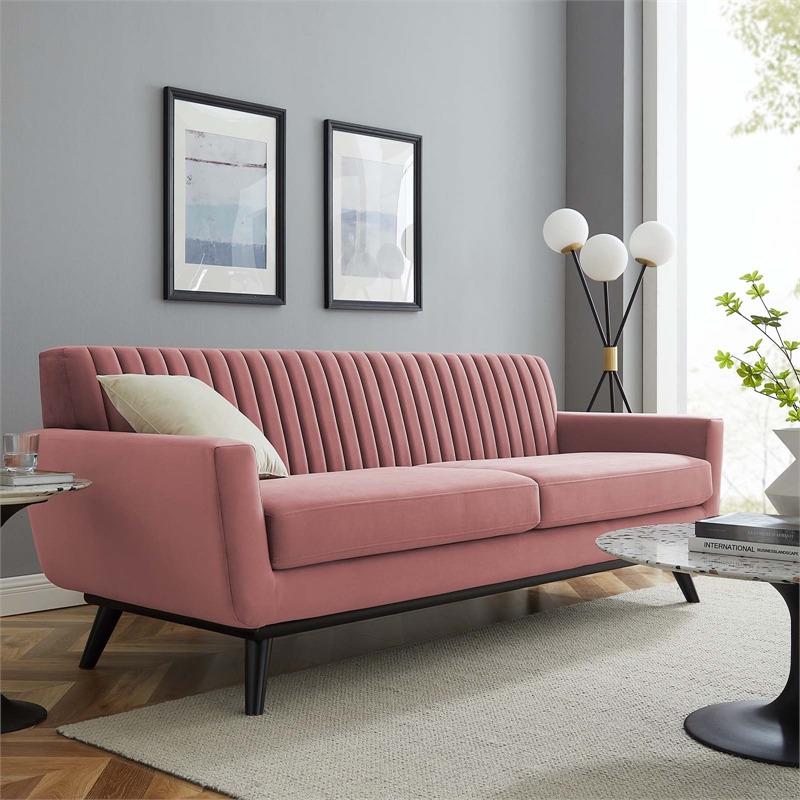 Modway Engage Modern Channel Tufted Performance Velvet Sofa in Dusty Rose Pink