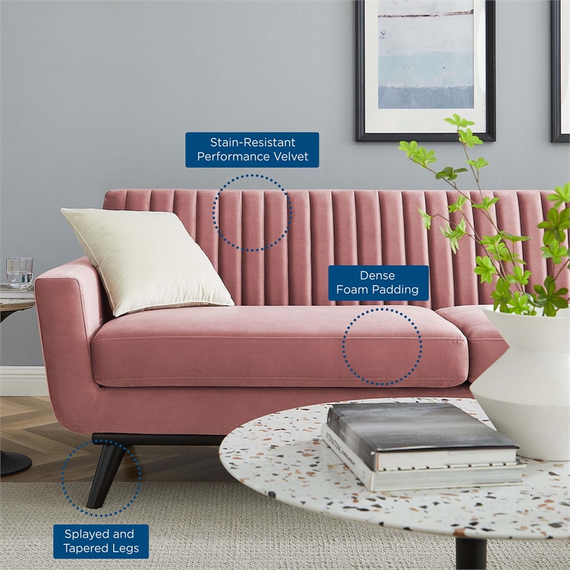 Modway Engage Modern Channel Tufted Performance Velvet Sofa in Dusty Rose Pink