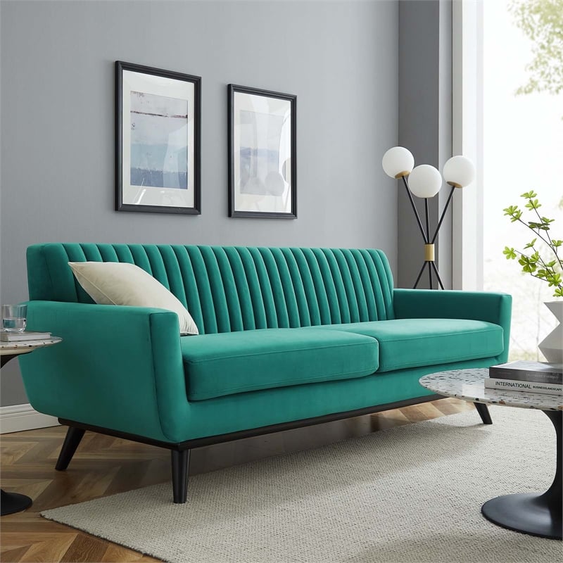 Modway Engage Modern Channel Tufted Performance Velvet Sofa in Teal Green
