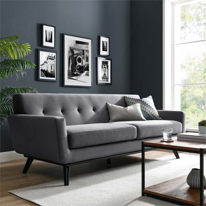 Modway Engage Modern Tufted Back Performance Velvet Sofa in Gray/Black