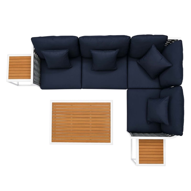 Modway Stance 7-Piece Modern Fabric/Aluminum Outdoor Sectional Sofa Set in Navy