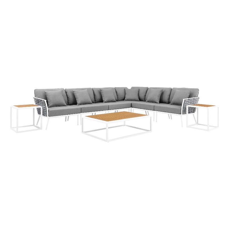 Modway Stance 9-Piece Modern Fabric/Aluminum Outdoor Sectional Sofa Set in Gray