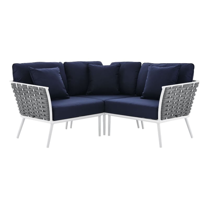 Modway Stance 3-Piece Modern Fabric/Aluminum Outdoor Sectional Sofa in Navy