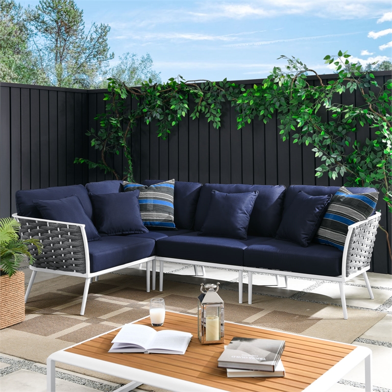 Modway Stance 4-Piece Modern Fabric/Aluminum Outdoor Sectional Sofa in Navy