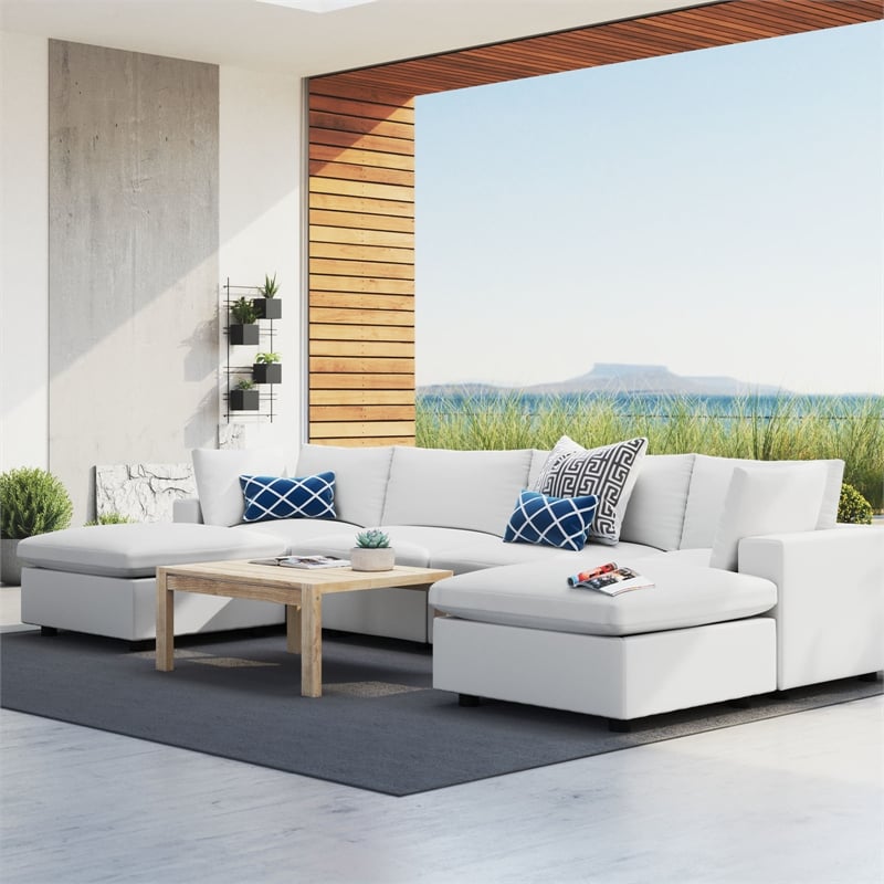 Modway Commix 6-Piece Modern Fabric Upholstered Outdoor Sectional Sofa in White