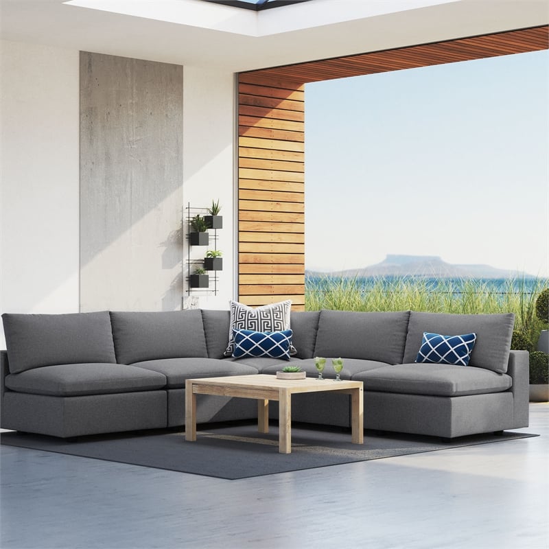 Modway Commix 5-Piece Modern Fabric Upholstered Patio Sectional Sofa in Slate