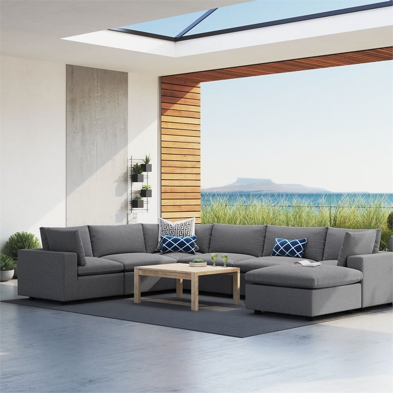 Modway Commix 7-Piece Modern Fabric Upholstered Outdoor Sectional Sofa in Slate