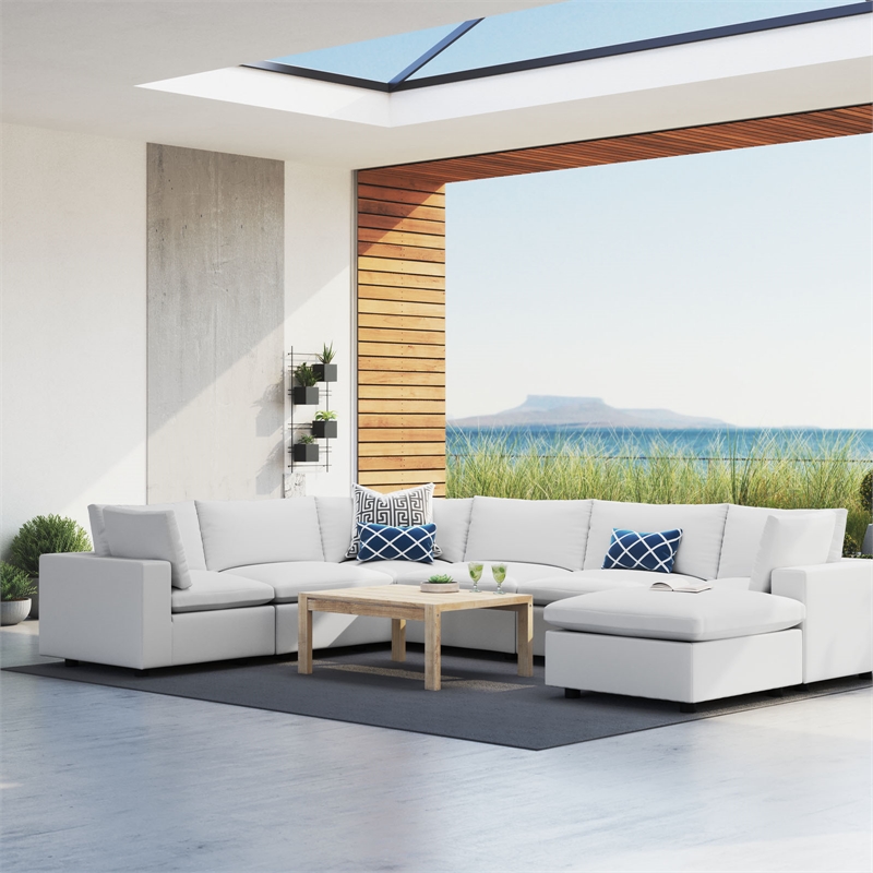 Modway Commix 7-Piece Modern Fabric Upholstered Outdoor Sectional Sofa in White