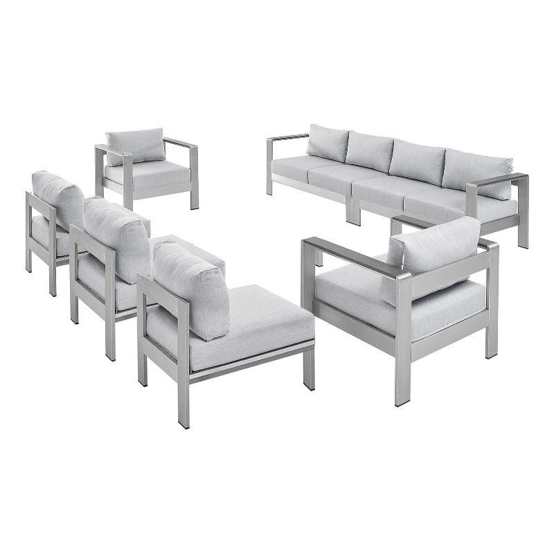 Modway Shore 7-Piece Modern Fabric/Aluminum Outdoor Sectional Sofa Set in Gray