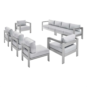 modway shore 7-piece aluminum & fabric outdoor sectional sofa set in silver/gray