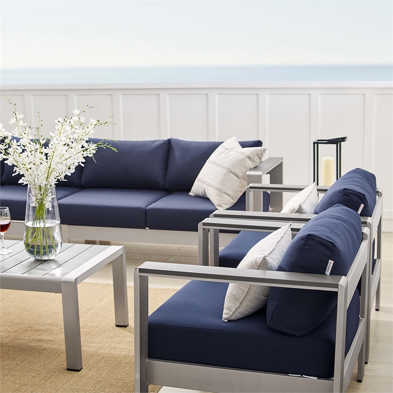 Modway Shore 7-Piece Fabric/Aluminum Patio Sectional Sofa Set in Navy/Silver