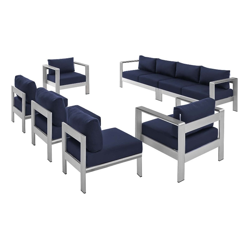 Modway Shore 7-Piece Fabric/Aluminum Patio Sectional Sofa Set in Navy/Silver