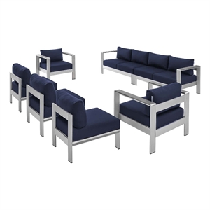modway shore 7-piece aluminum & fabric outdoor sectional sofa set in silver/navy