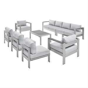 modway shore 8-piece aluminum & fabric outdoor sectional sofa set in silver/gray