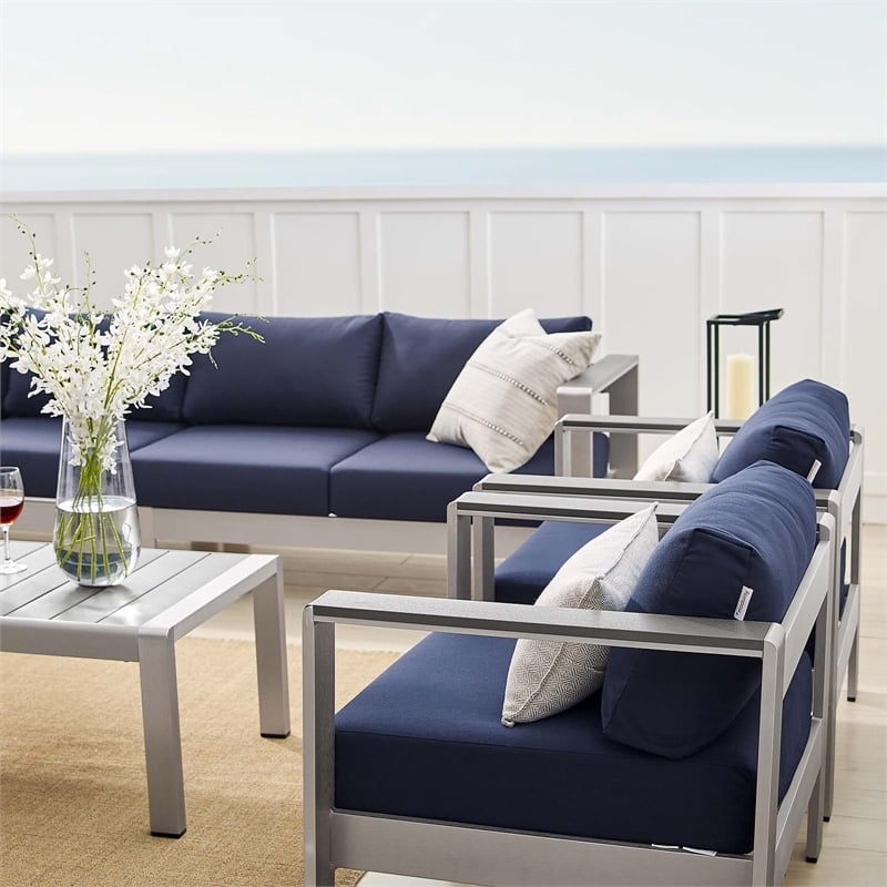 Modway Shore 8-Piece Modern Fabric/Aluminum Outdoor Sectional Sofa Set in Navy