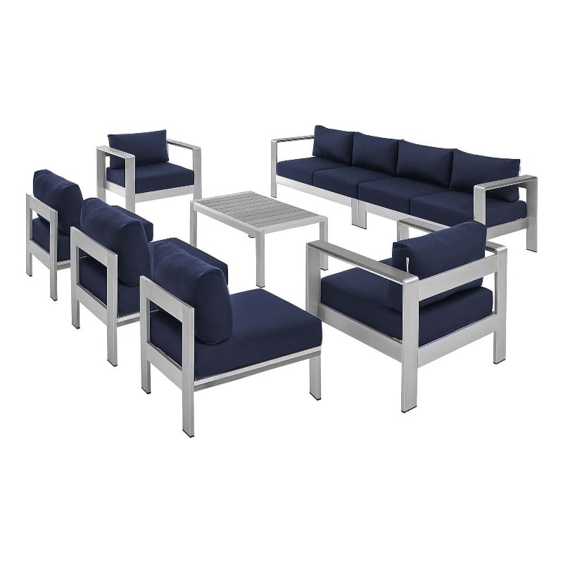 Modway Shore 8-Piece Modern Fabric/Aluminum Outdoor Sectional Sofa Set in Navy
