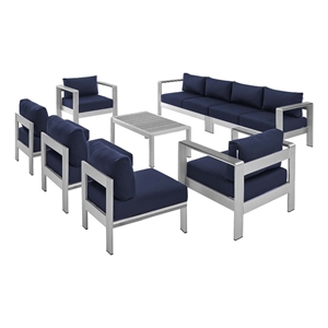 modway shore 8-piece aluminum & fabric outdoor sectional sofa set in silver/navy