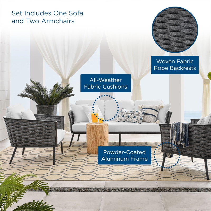Modway Stance 3-Piece Aluminum & Fabric Patio Sofa Set in Gray/White