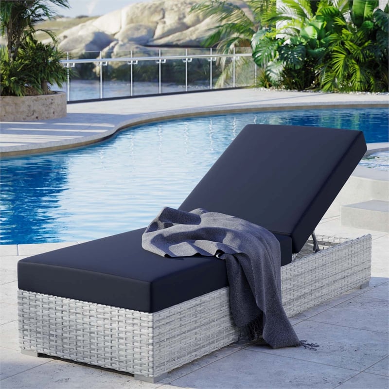 Modway Convene Rattan Weave Outdoor Patio Chaise in Light Gray/Navy