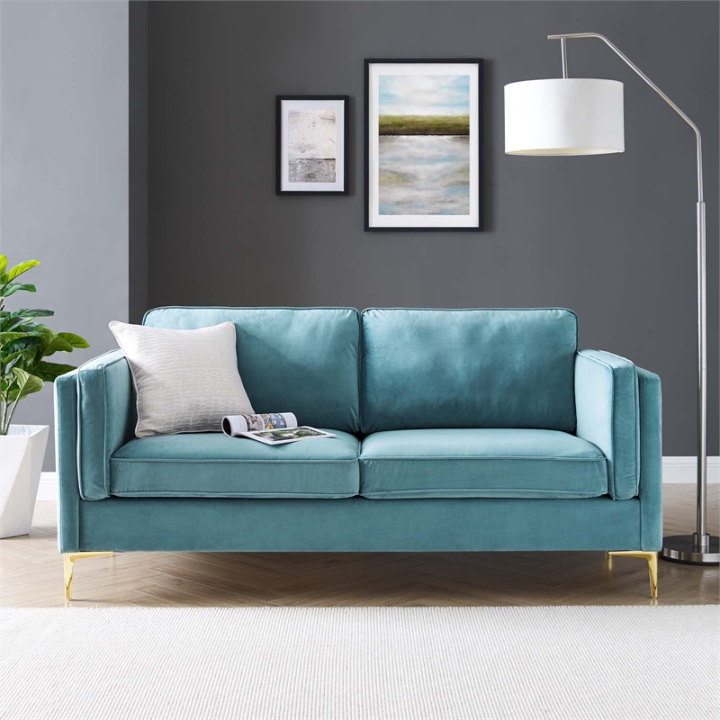 Modway Kaiya Performance Velvet Sofa with Metal Leg in Sea Blue