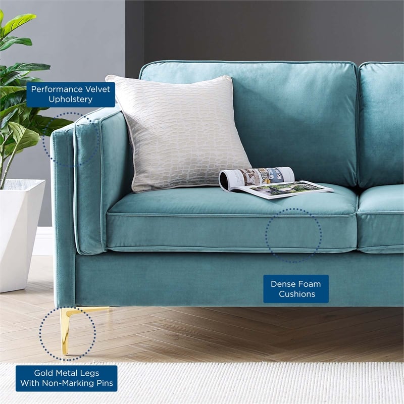 Modway Kaiya Performance Velvet Sofa with Metal Leg in Sea Blue